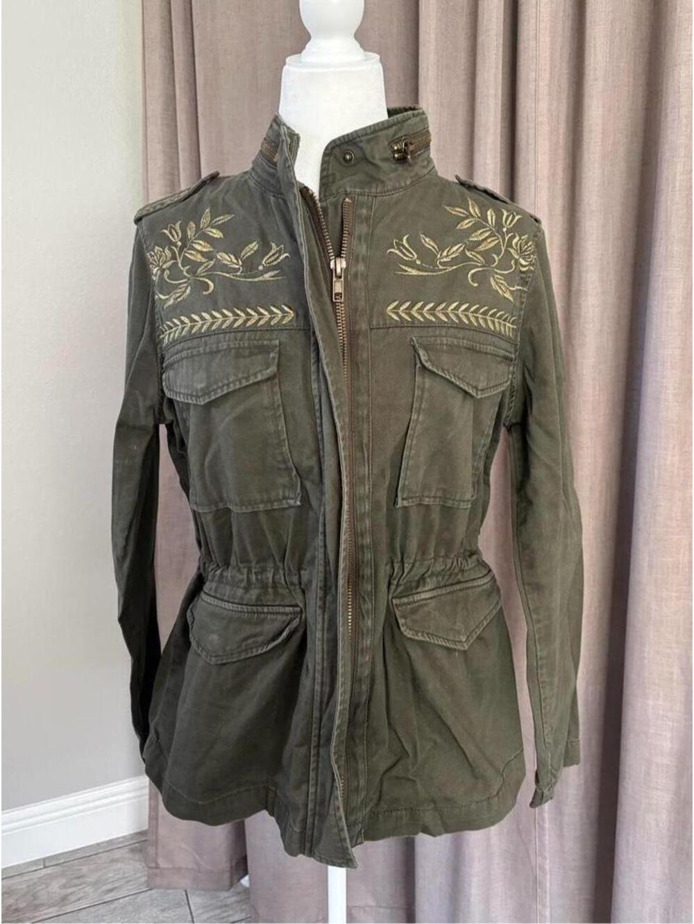 Forever 21 Olive Embroidered Military Utility Jacket Gold Floral L